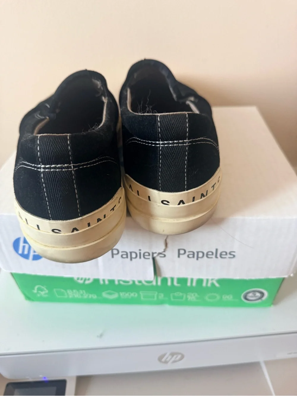All Saints Black Canvas Slip-On Loafers with Cream Ribbed Soles